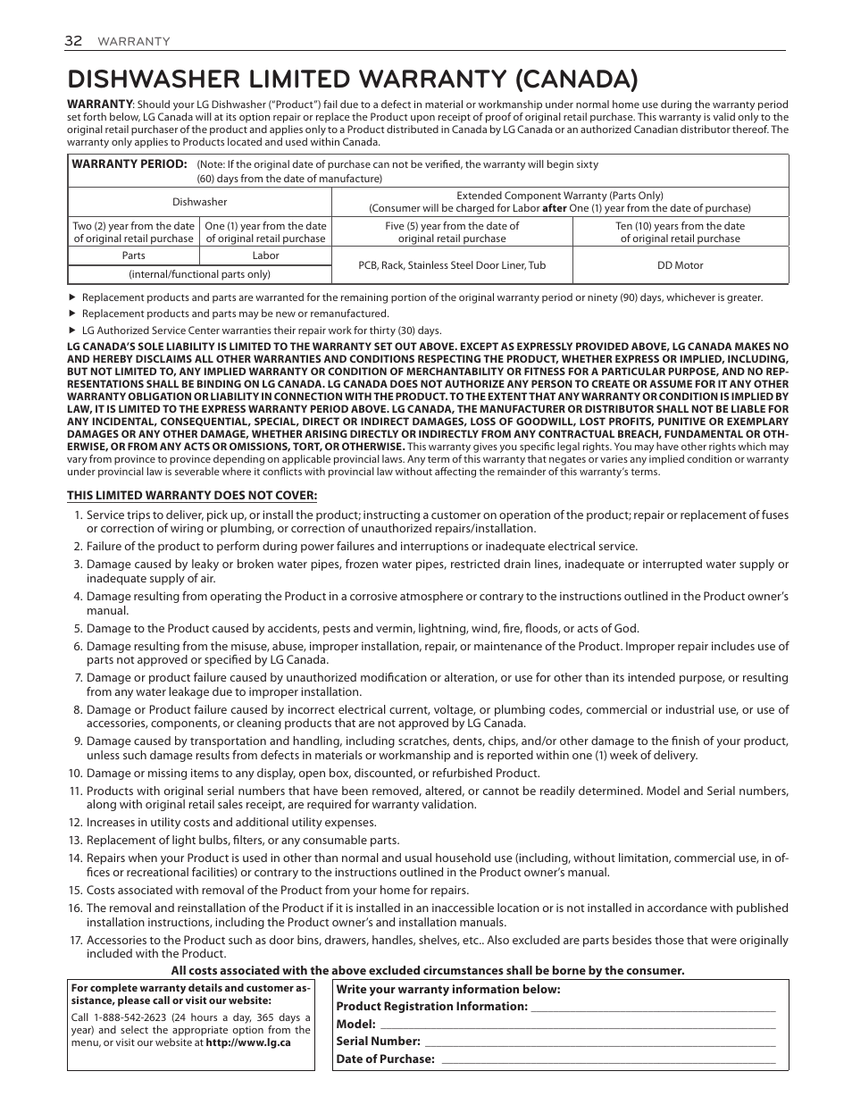 Dishwasher limited warranty (canada) | LG LDF8874ST User Manual | Page 32 / 100