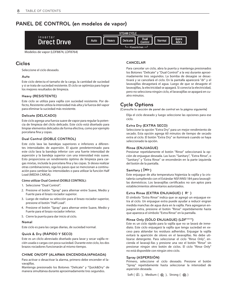 Panel de control (en modelos de vapor), Ciclos, Cycle options | LG LDF8874ST User Manual | Page 40 / 100