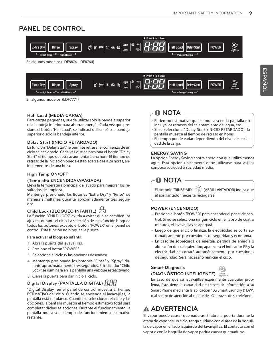Panel de control, Nota, Advertencia | LG LDF8874ST User Manual | Page 41 / 100