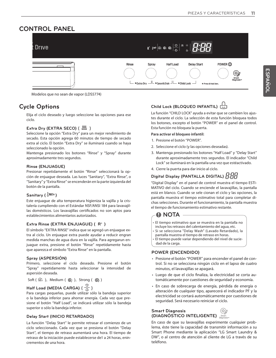 Control panel, Cycle options, Nota | Tiz][<w]kp8t][-6/ีුጎჭᅎ8ti\mၦხ࿨ཅ૬໏ᅰ, Esp añol | LG LDF8874ST User Manual | Page 43 / 100