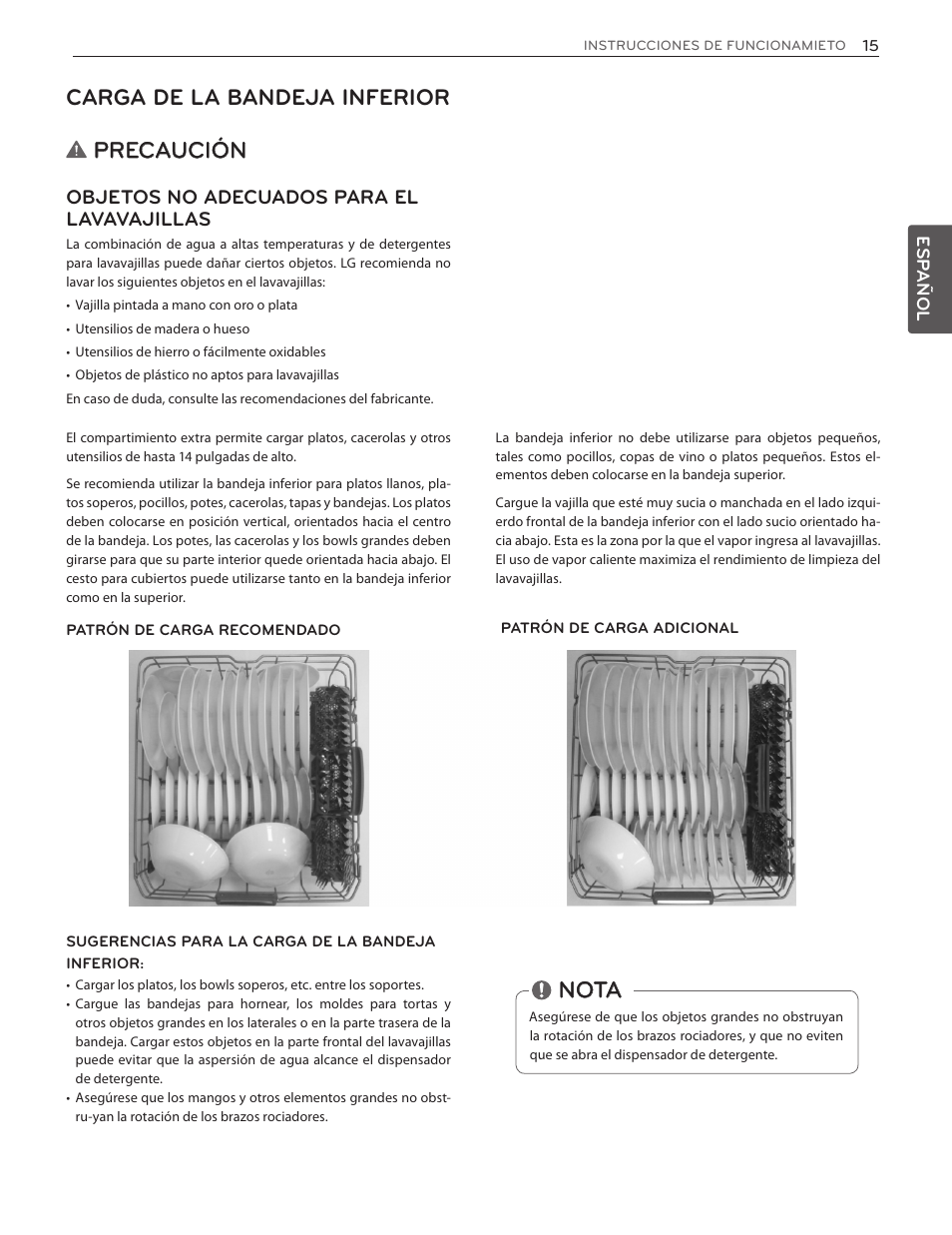 Precaución, Carga de la bandeja inferior, Nota | Objetos no adecuados para el lavavajillas | LG LDF8874ST User Manual | Page 47 / 100