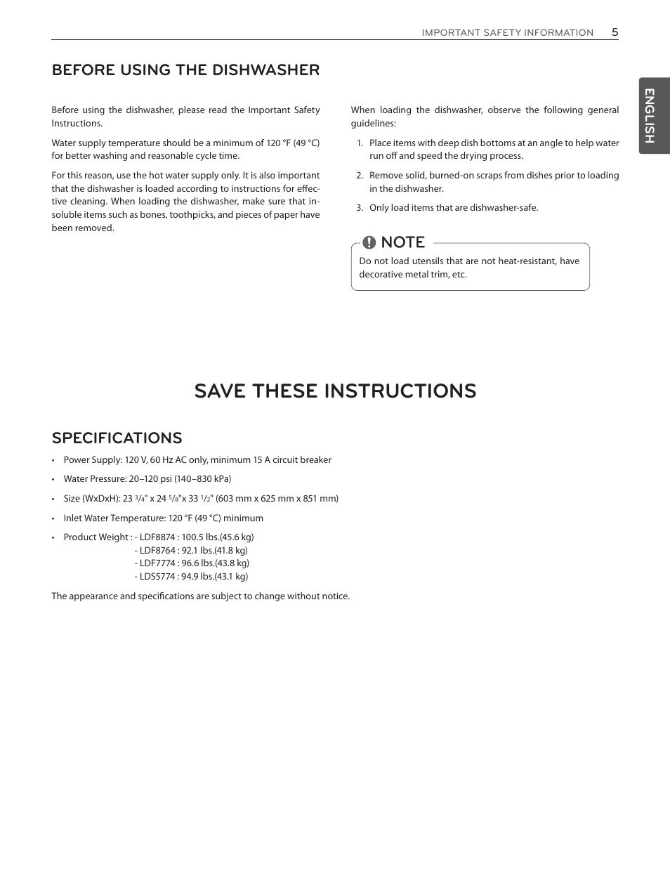 Save these instructions, Before using the dishwasher | LG LDF8874ST User Manual | Page 5 / 100