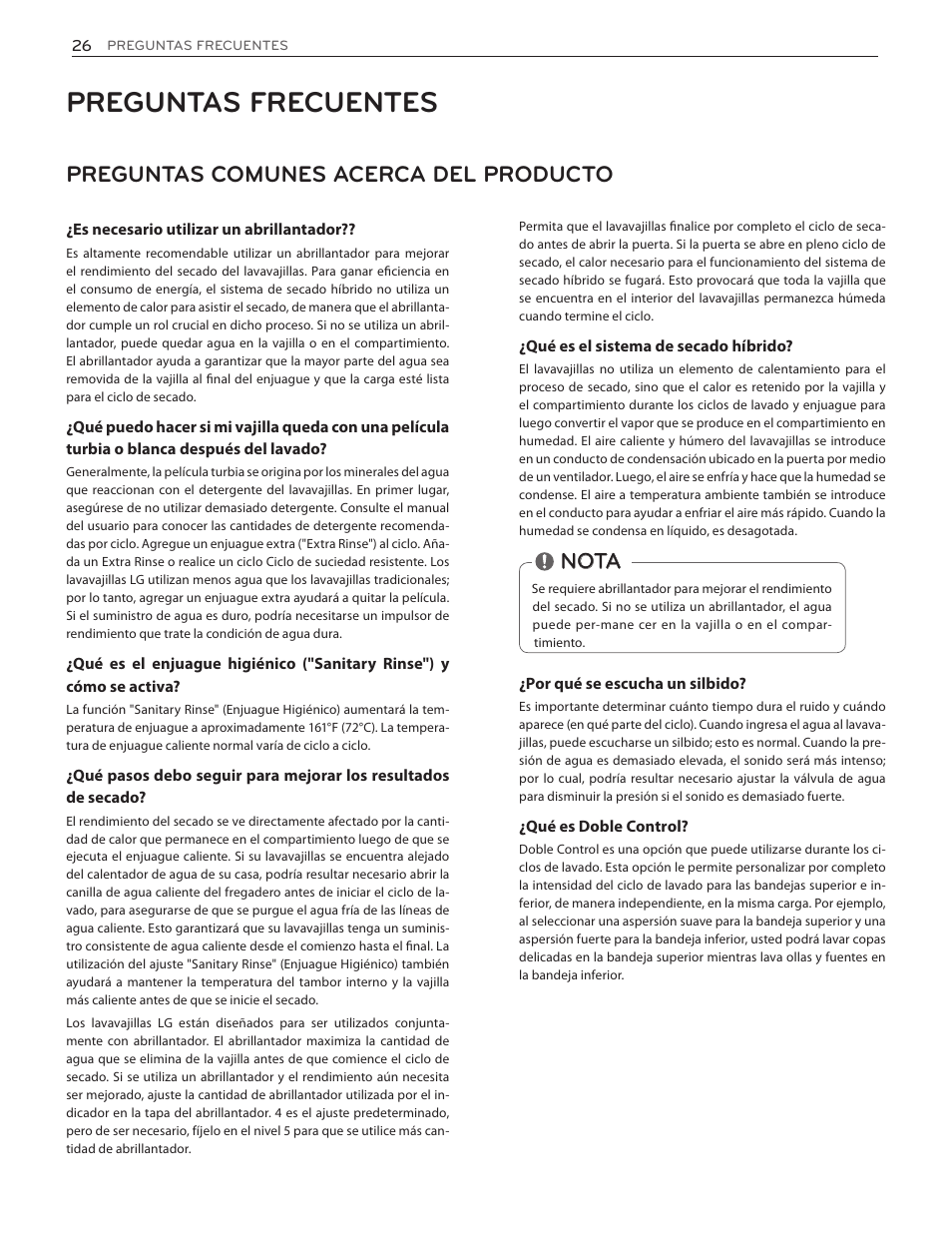 Preguntas frecuentes, Preguntas comunes acerca del producto, Nota | LG LDF8874ST User Manual | Page 58 / 100