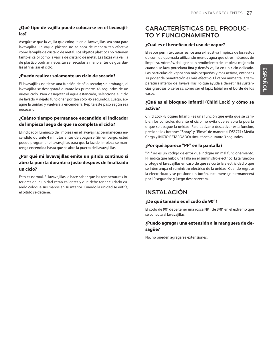 Características del produc- to y funcionamiento, Instalación | LG LDF8874ST User Manual | Page 59 / 100