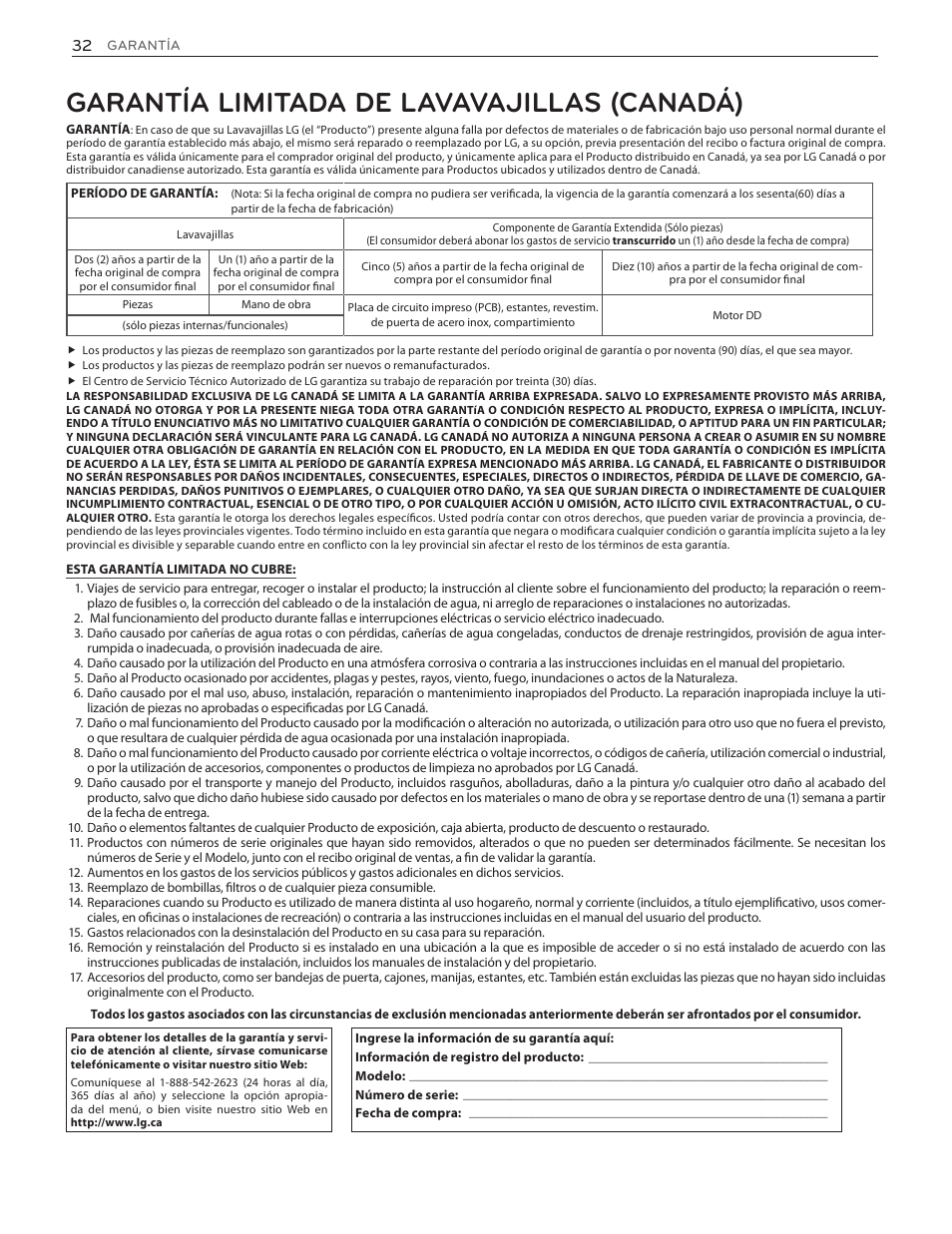 Garantía limitada de lavavajillas (canadá) | LG LDF8874ST User Manual | Page 64 / 100