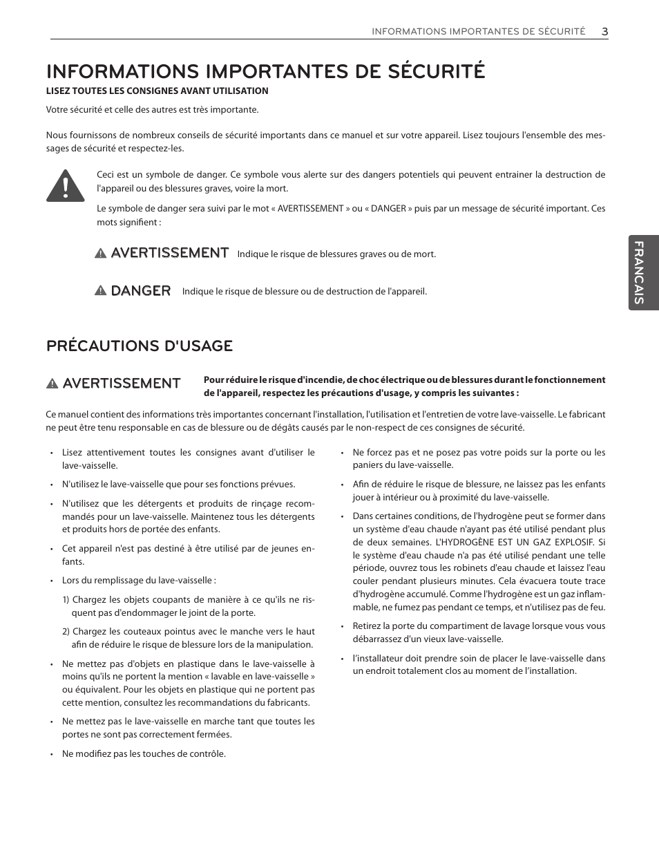 Informations importantes de sécurité, Précautions d'usage, Avertissement | Danger | LG LDF8874ST User Manual | Page 67 / 100