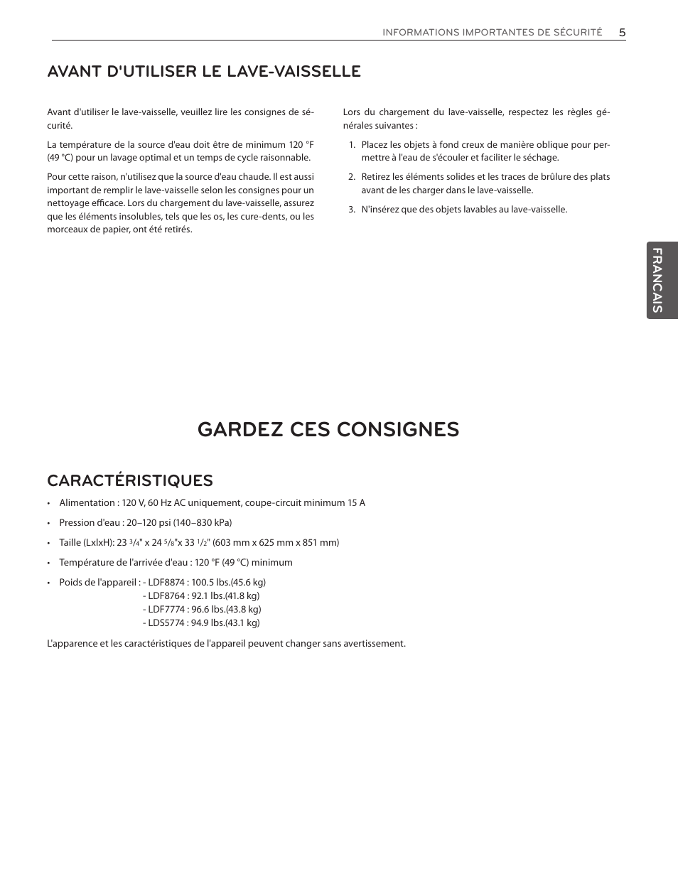 Gardez ces consignes, Avant d'utiliser le lave-vaisselle, Caractéristiques | Francais | LG LDF8874ST User Manual | Page 69 / 100