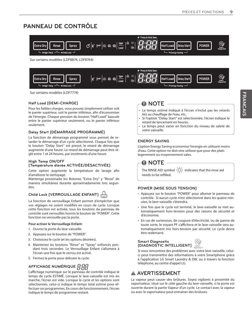 Panneau de contrôle, Avertissement, Francais | LG LDF8874ST User Manual | Page 73 / 100