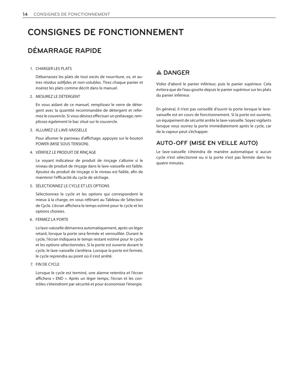 Consignes de fonctionnement, Démarrage rapide, Danger | Auto-off (mise en veille auto) | LG LDF8874ST User Manual | Page 78 / 100
