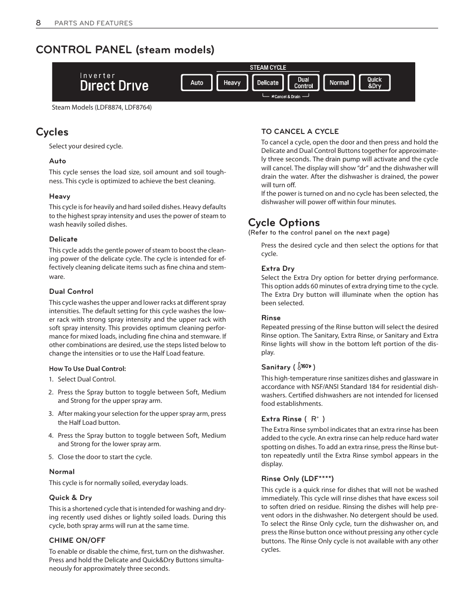 Control panel (steam models) cycles, Cycle options | LG LDF8874ST User Manual | Page 8 / 100