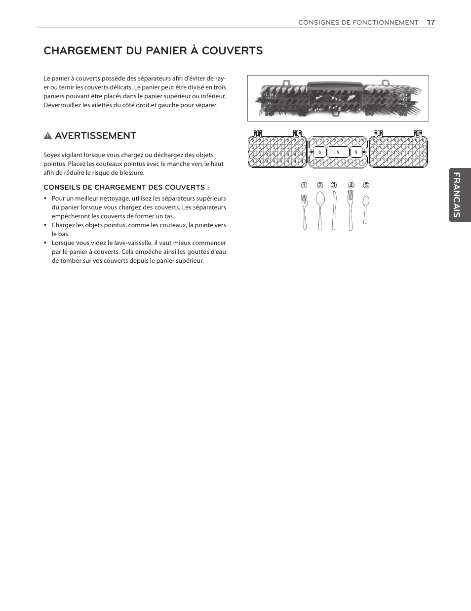 Chargement du panier à couverts, Avertissement, Francais | LG LDF8874ST User Manual | Page 81 / 100
