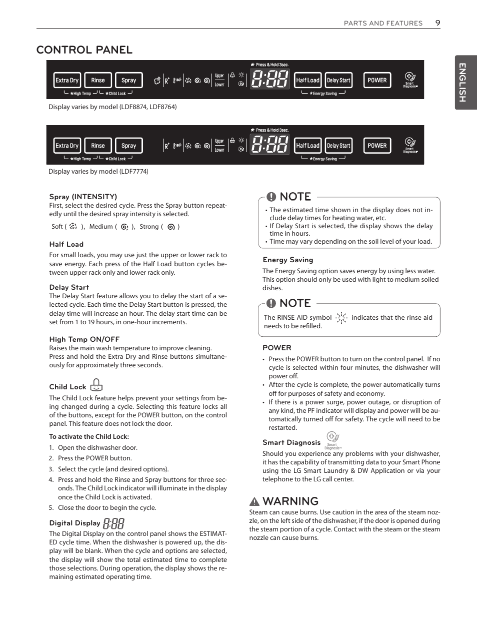 Control panel, Warning | LG LDF8874ST User Manual | Page 9 / 100