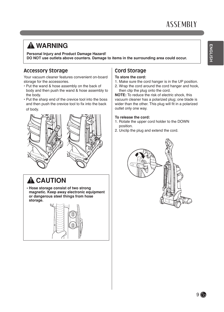 Assembly, Warning, Caution | Accessory storage, Cord storage | LG LuV300B User Manual | Page 10 / 69