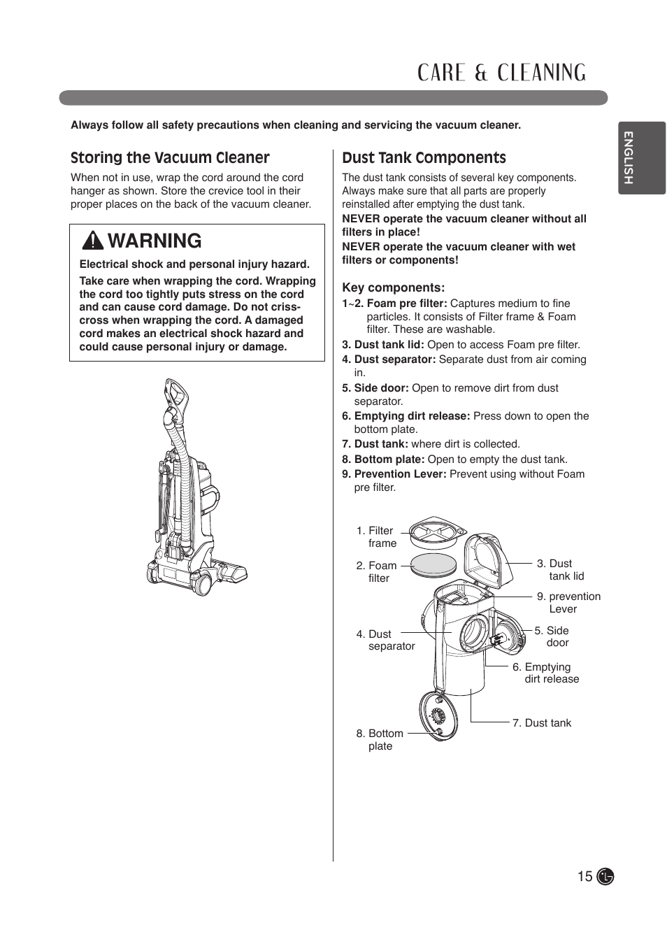 Care & cleaning, Warning, Storing the vacuum cleaner | Dust tank components | LG LuV300B User Manual | Page 16 / 69