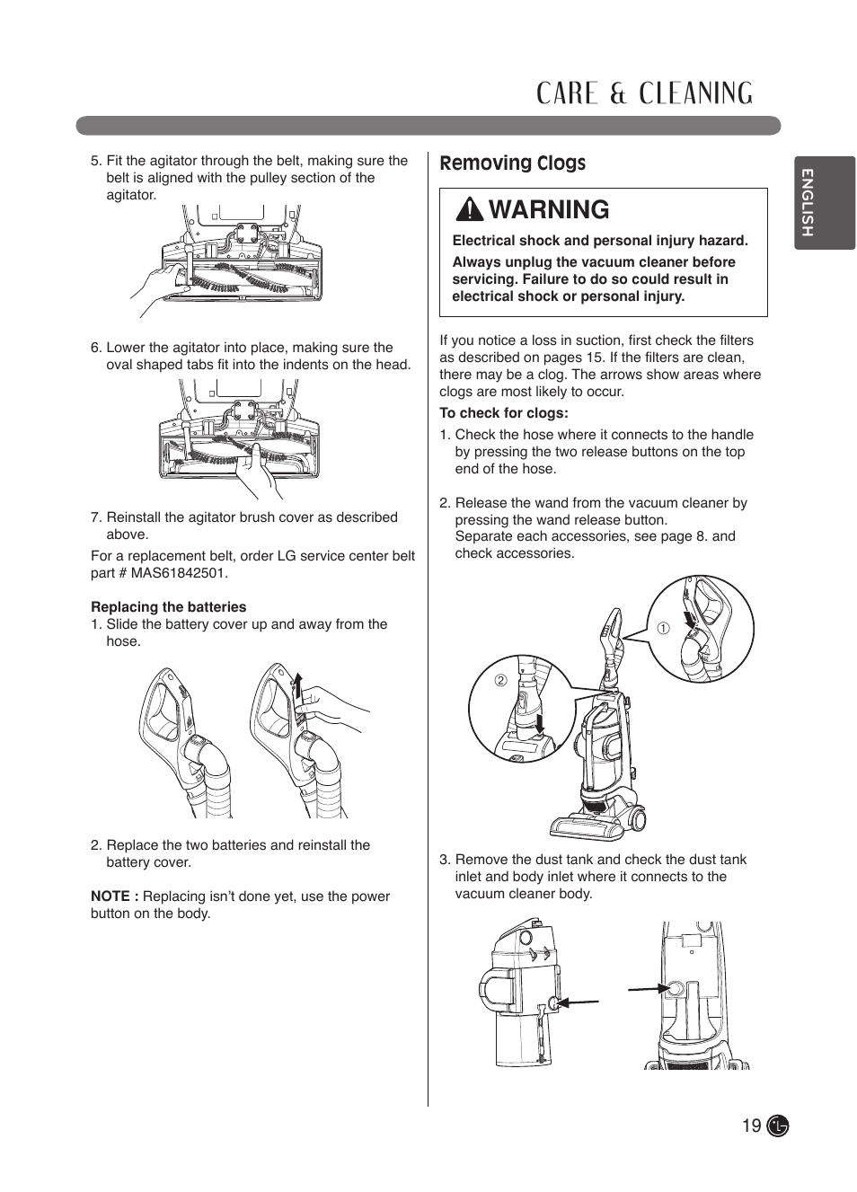 Care & cleaning, Warning, Removing clogs | LG LuV300B User Manual | Page 20 / 69