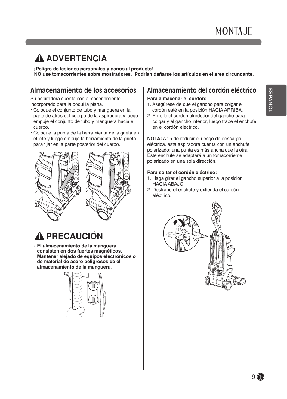 Montaje, Advertencia, Precaución | Almacenamiento de los accesorios, Almacenamiento del cordón eléctrico | LG LuV300B User Manual | Page 32 / 69