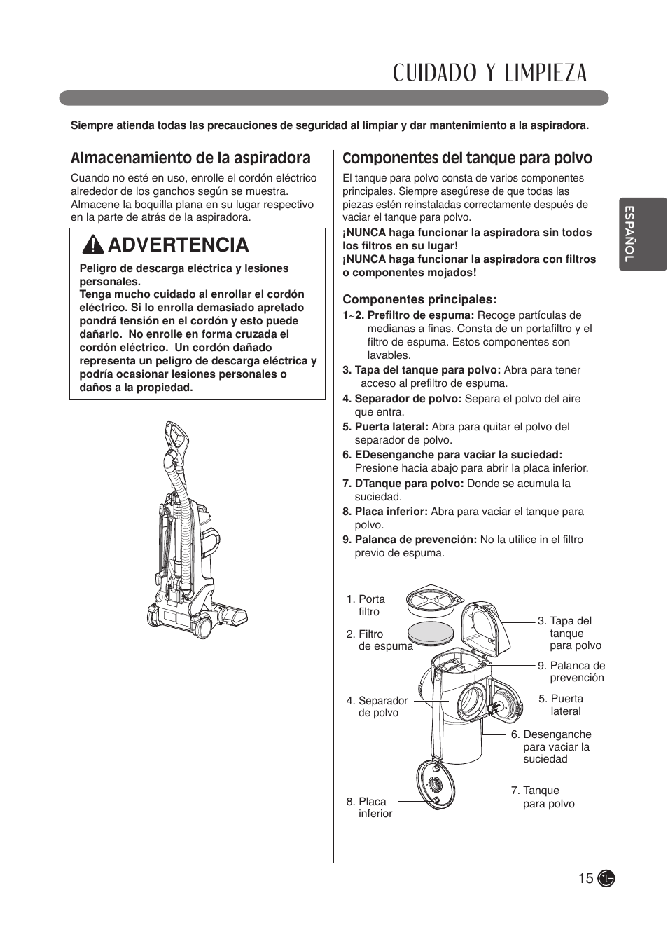 Cuidado y limpieza, Advertencia, Almacenamiento de la aspiradora | Componentes del tanque para polvo | LG LuV300B User Manual | Page 38 / 69