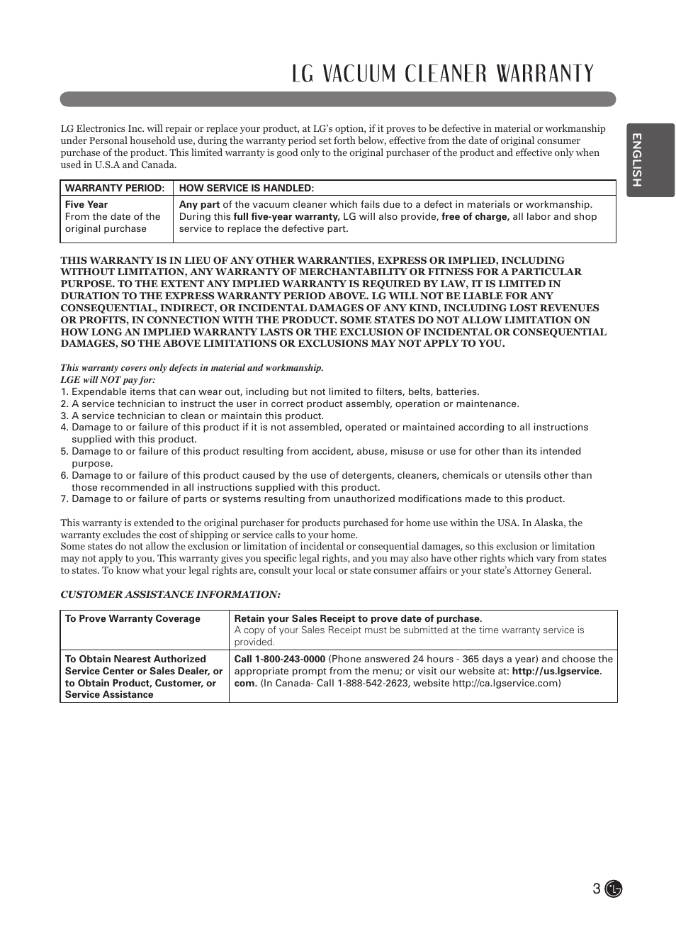Lg vacuum cleaner warranty | LG LuV300B User Manual | Page 4 / 69