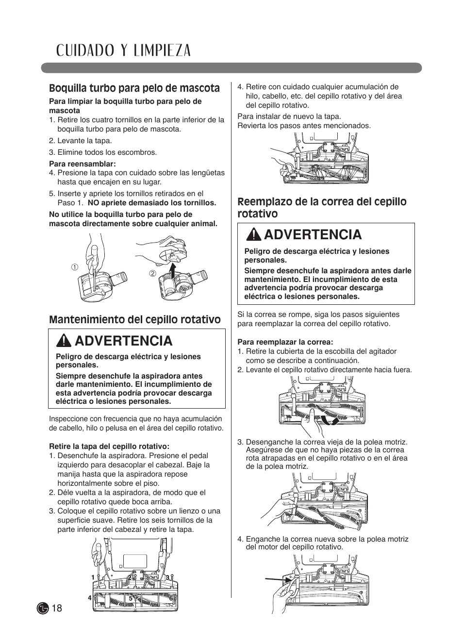 Cuidado y limpieza, Advertencia, Boquilla turbo para pelo de mascota | Mantenimiento del cepillo rotativo, Reemplazo de la correa del cepillo rotativo | LG LuV300B User Manual | Page 41 / 69