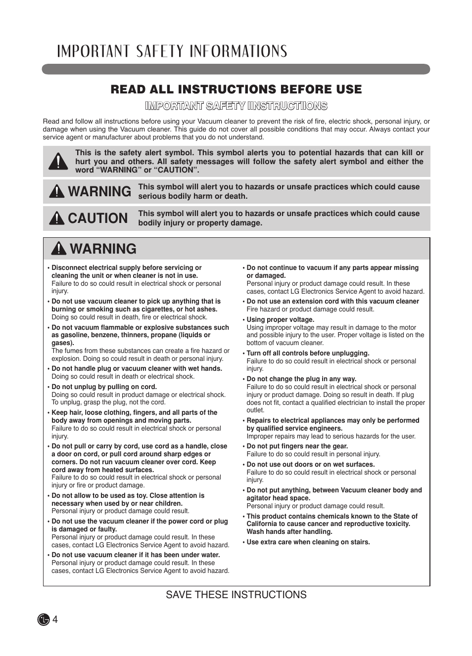Important safety informations, Warning, Caution | Read all instructions before use, Important safety iinstructiions, Save these instructions | LG LuV300B User Manual | Page 5 / 69