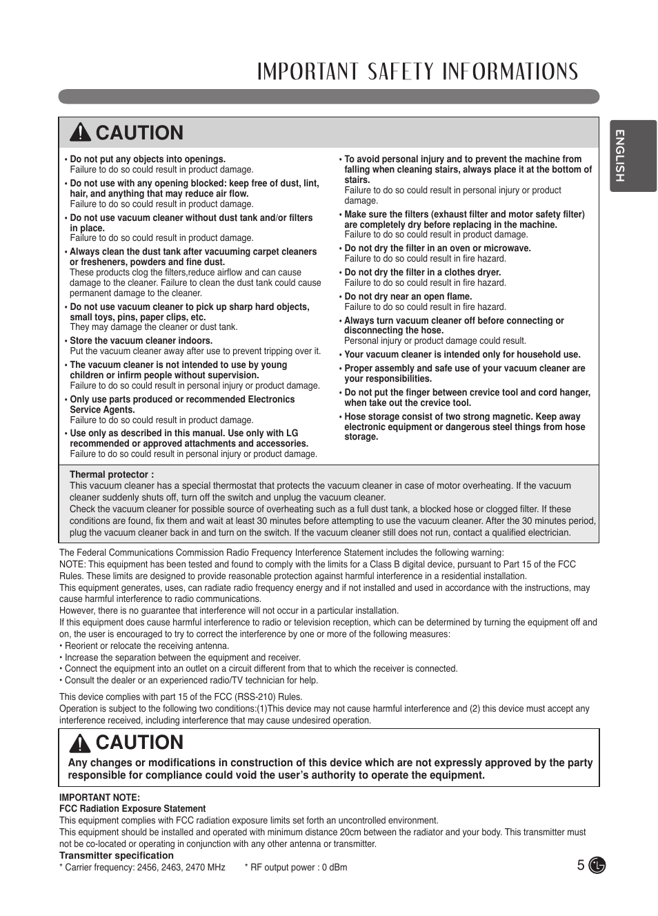 Important safety informations, Caution | LG LuV300B User Manual | Page 6 / 69