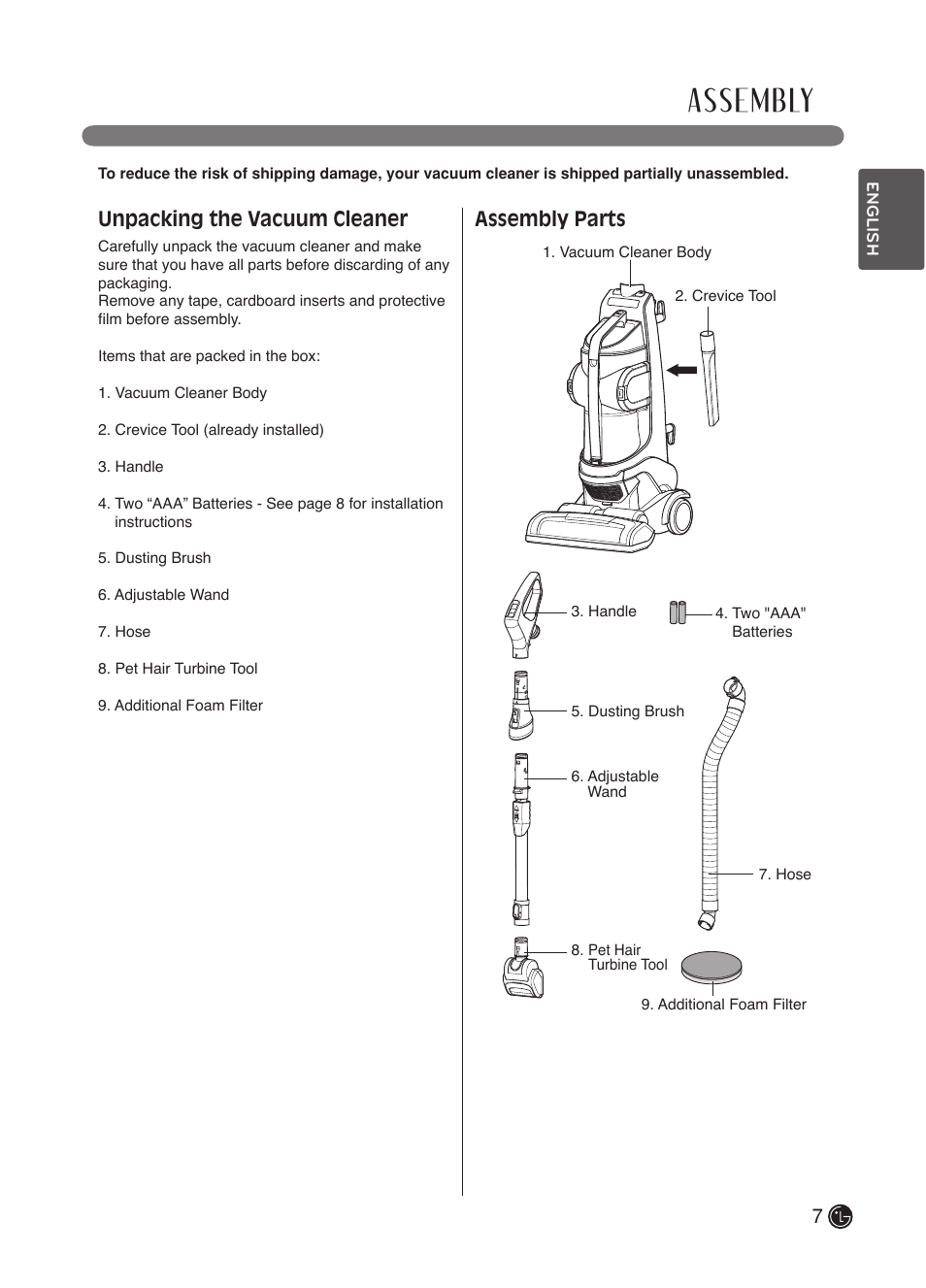Assembly, Unpacking the vacuum cleaner, Assembly parts | LG LuV300B User Manual | Page 8 / 69