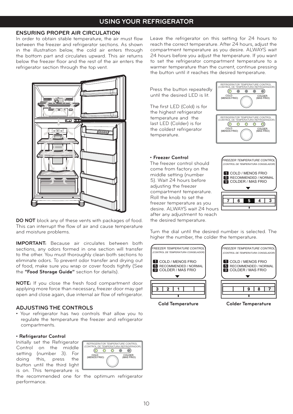 Using your refrigerator, Ensuring proper air circulation, Adjusting the controls | LG LTN16385PL User Manual | Page 11 / 35
