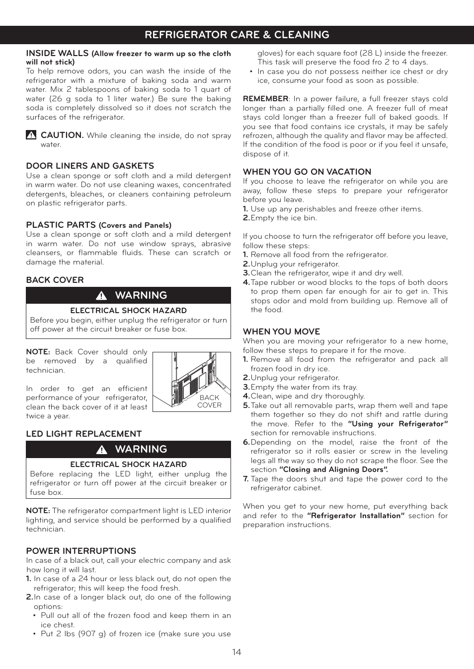 Warning, Refrigerator care & cleaning | LG LTN16385PL User Manual | Page 15 / 35