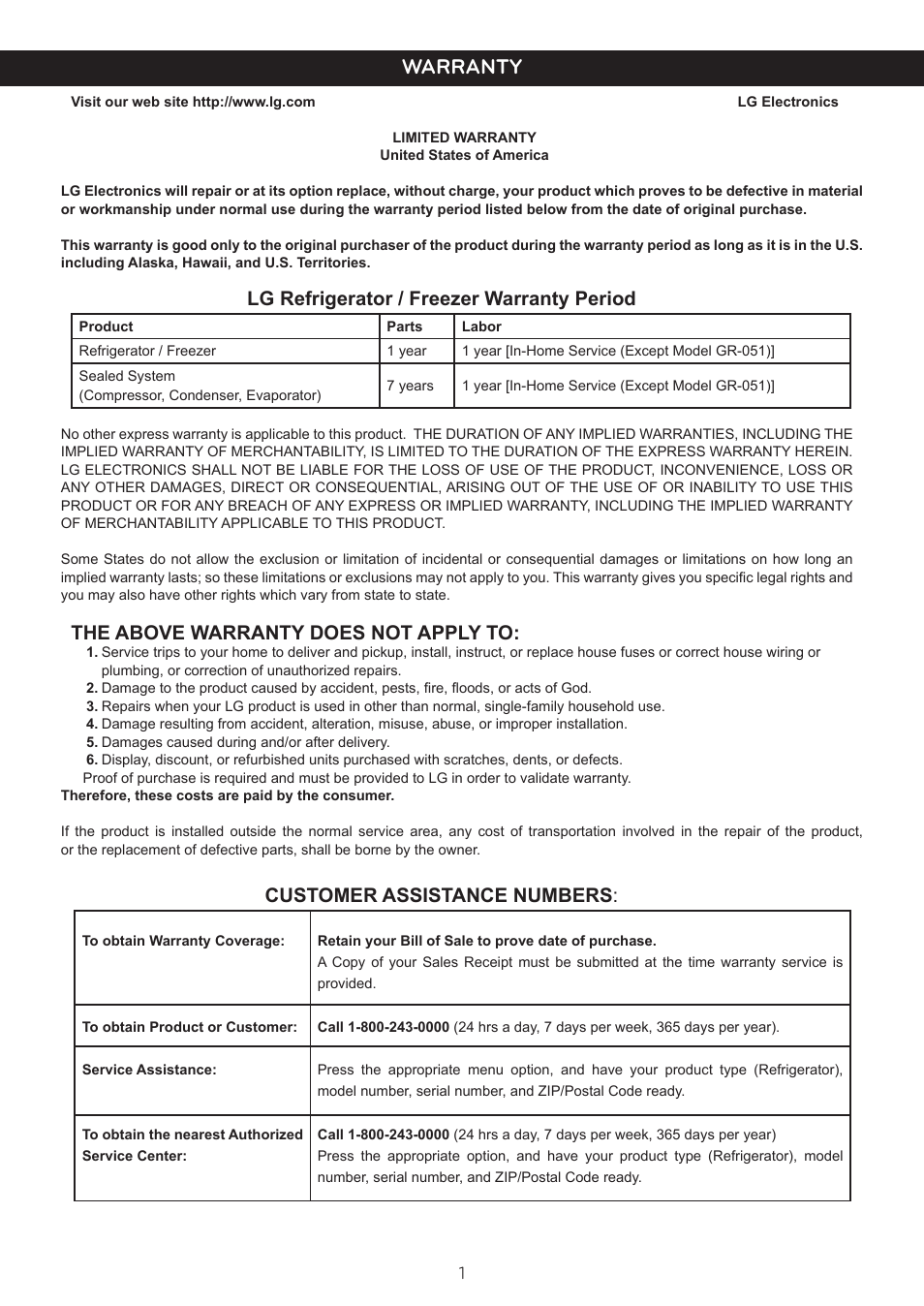 Warranty, Lg refrigerator / freezer warranty period, The above warranty does not apply to | Customer assistance numbers | LG LTN16385PL User Manual | Page 2 / 35