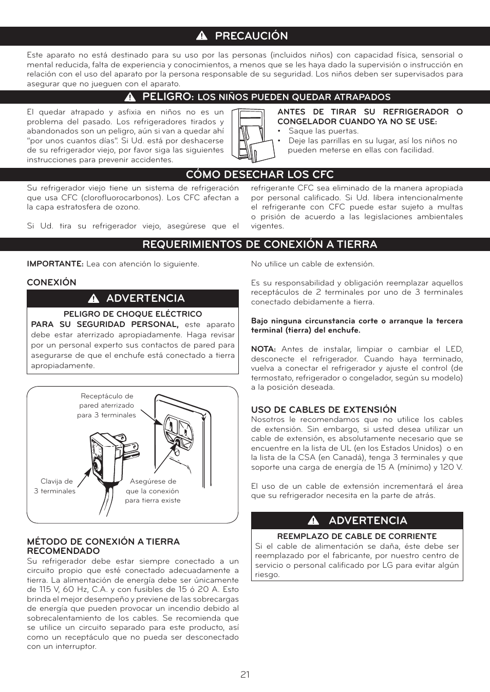 Advertencia, Peligro | LG LTN16385PL User Manual | Page 22 / 35