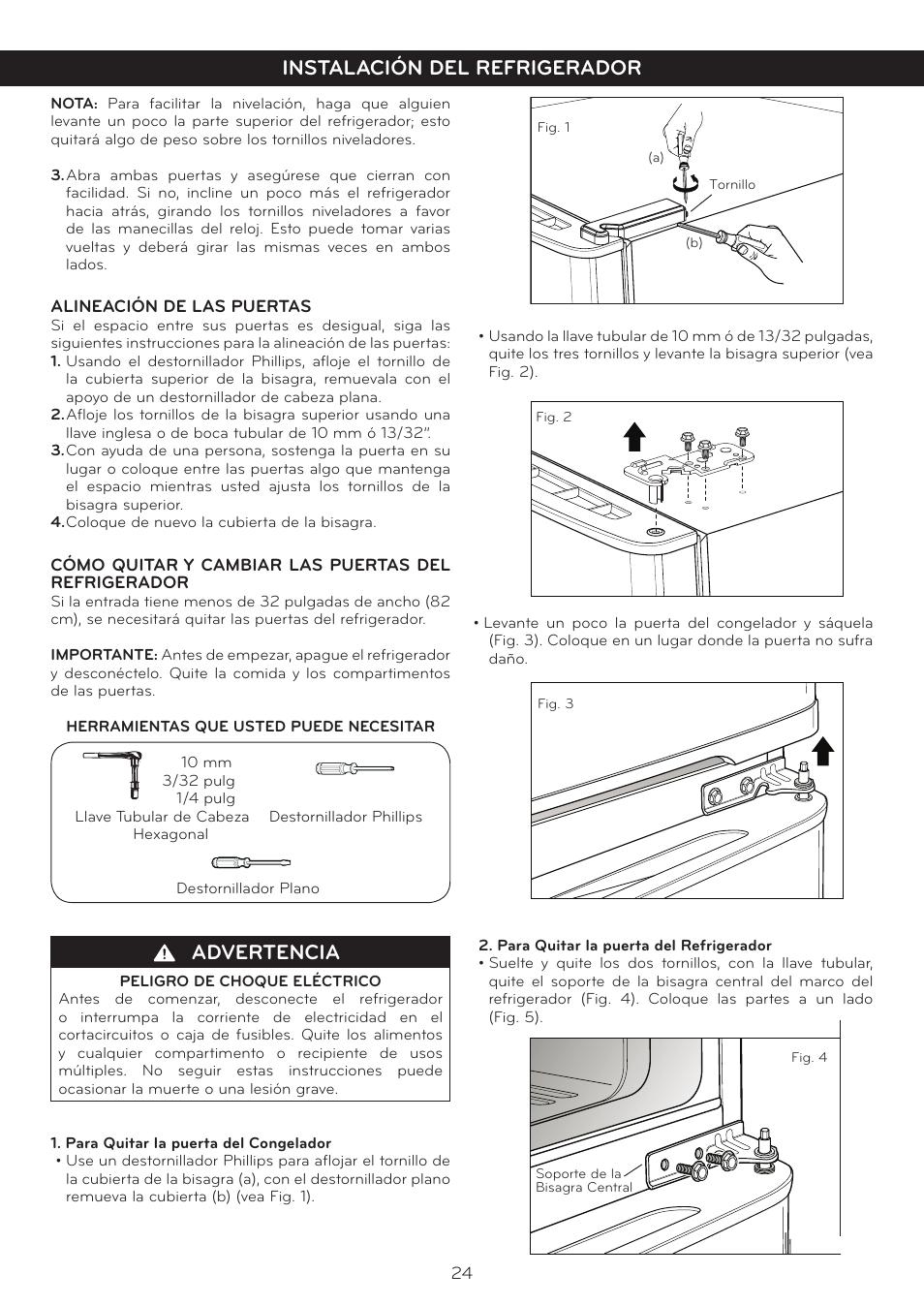 Instalación del refrigerador, Advertencia | LG LTN16385PL User Manual | Page 25 / 35