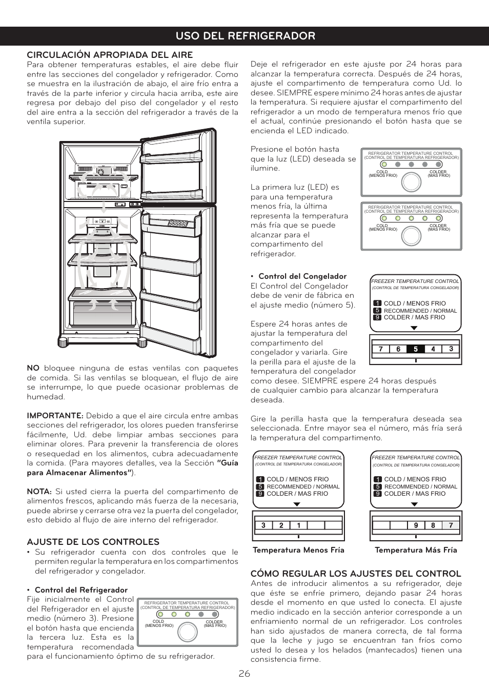 Uso del refrigerador, 26 circulación apropiada del aire, Ajuste de los controles | Cómo regular los ajustes del control | LG LTN16385PL User Manual | Page 27 / 35