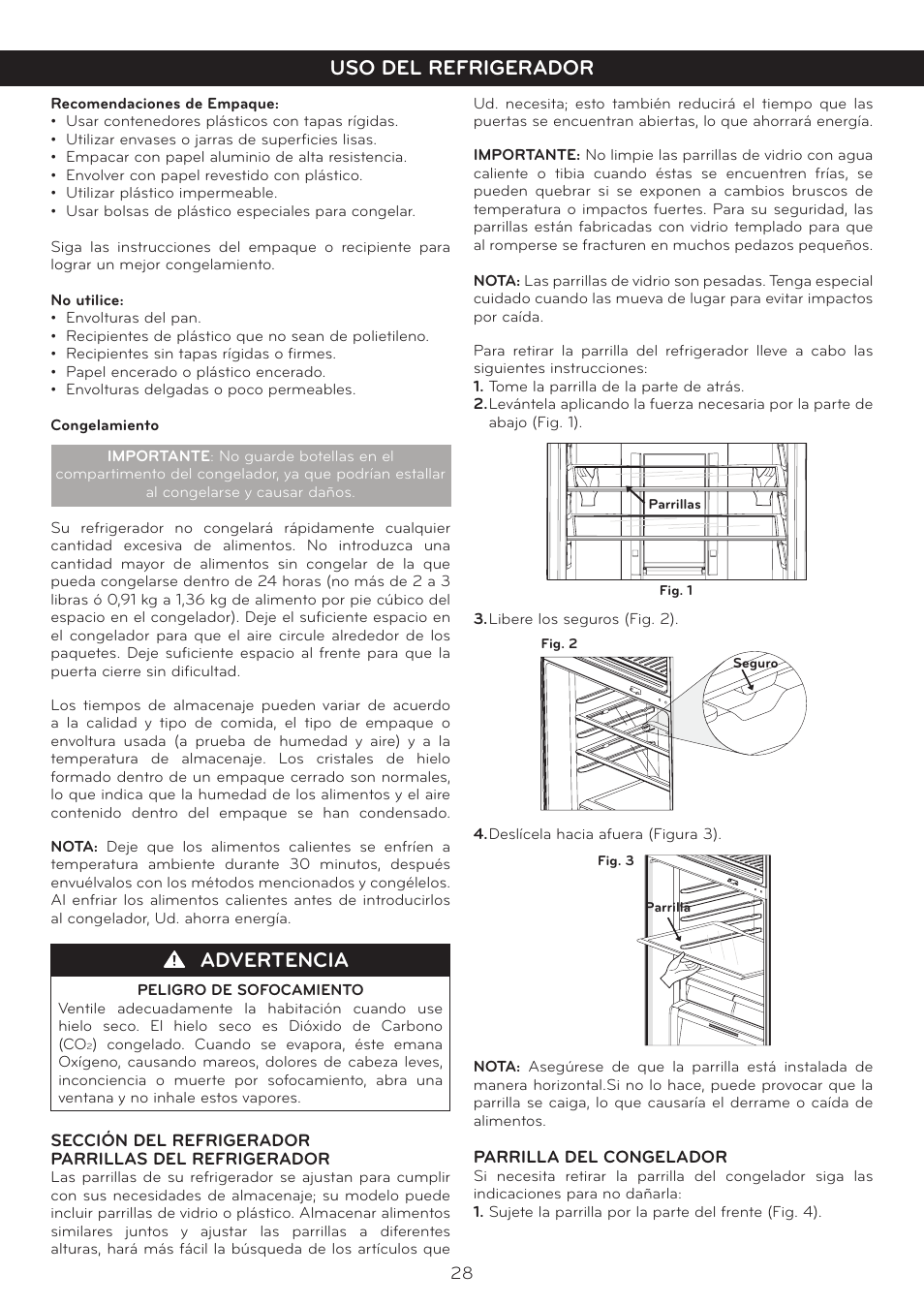 Uso del refrigerador, Advertencia | LG LTN16385PL User Manual | Page 29 / 35