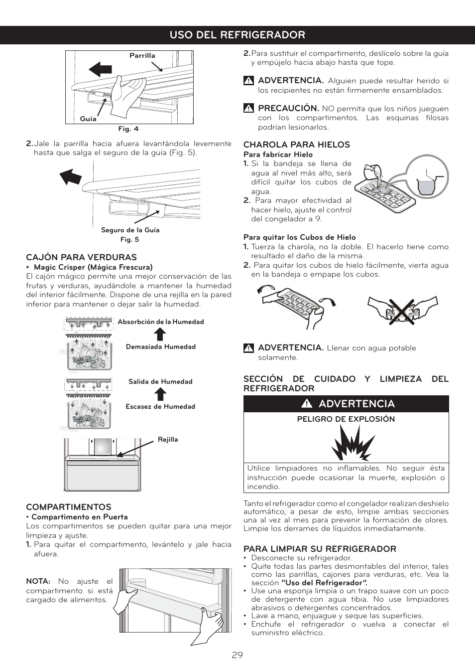 Uso del refrigerador, Advertencia | LG LTN16385PL User Manual | Page 30 / 35