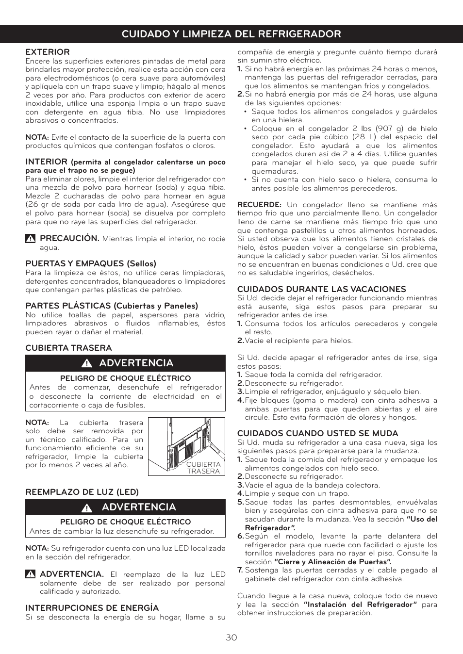 Advertencia, Cuidado y limpieza del refrigerador | LG LTN16385PL User Manual | Page 31 / 35