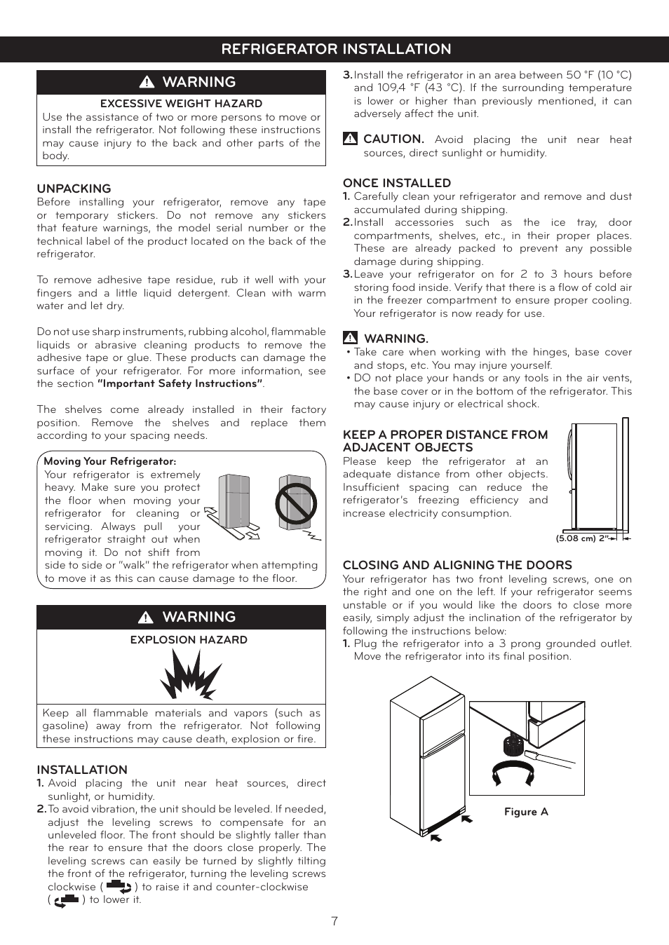 Warning, Refrigerator installation | LG LTN16385PL User Manual | Page 8 / 35