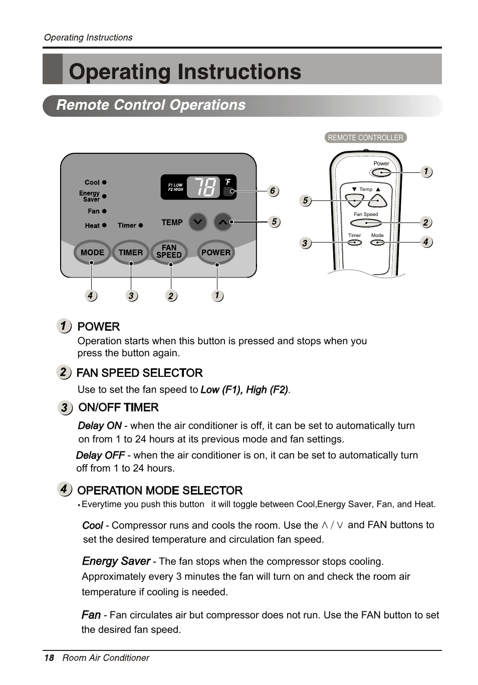 Operation mode selector, On/off timer, Energy saver | Fan speed selector, Power | LG LT1033HNR User Manual | Page 18 / 48