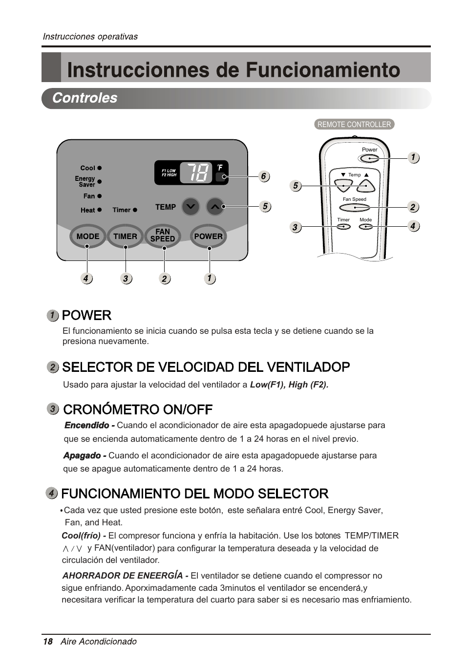 Power, Selector de velocidad del ventiladop, Cronometro on/off | Funcionamiento del modo selector | LG LT1033HNR User Manual | Page 40 / 48