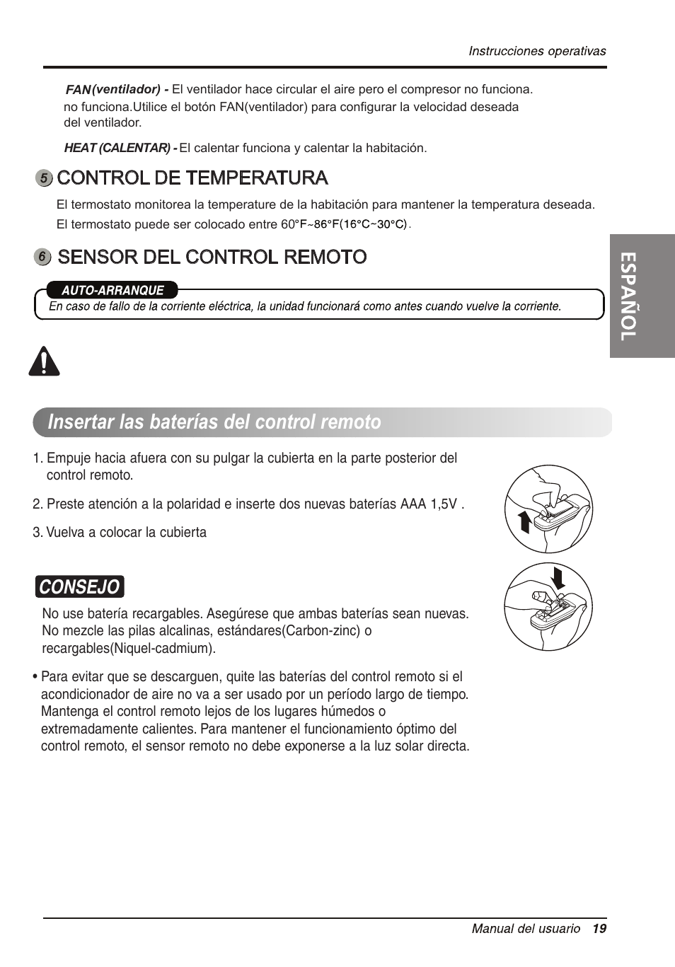 Insertar las baterías del control remoto, Consejo, Control de temperatura | Sensor del control remoto | LG LT1033HNR User Manual | Page 41 / 48