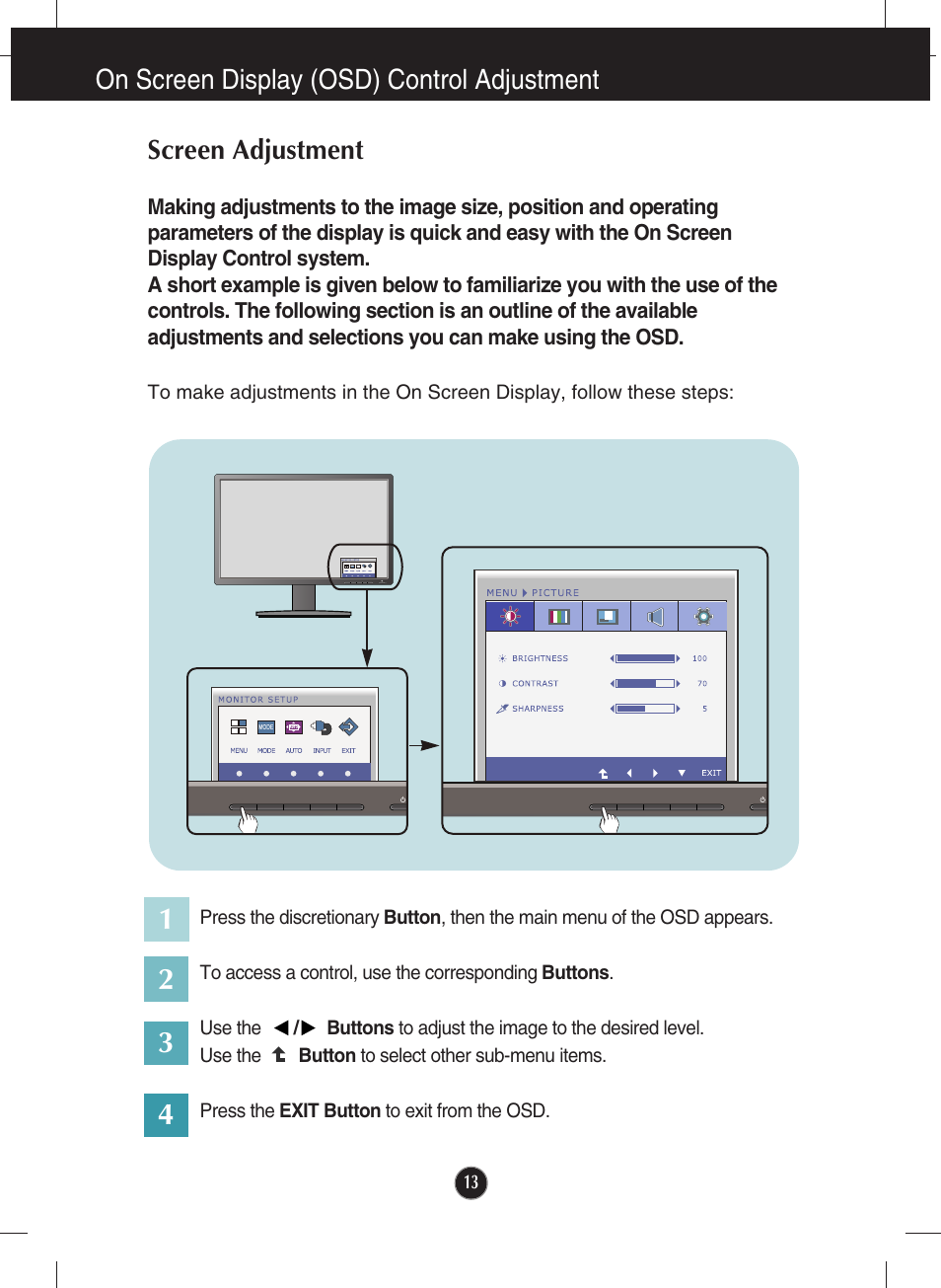 On screen display (osd) control adjustment, Screen adjustment | LG IPS231B-BN User Manual | Page 14 / 31