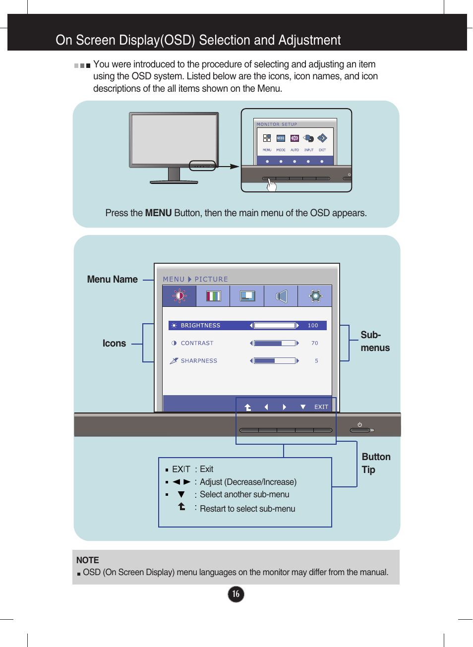 On screen display(osd) selection and adjustment | LG IPS231B-BN User Manual | Page 17 / 31