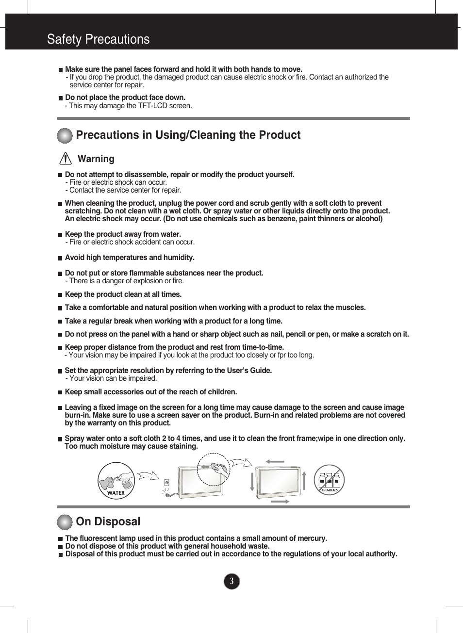 Precautions in using/cleaning the product, On disposal, Safety precautions | LG IPS231B-BN User Manual | Page 4 / 31