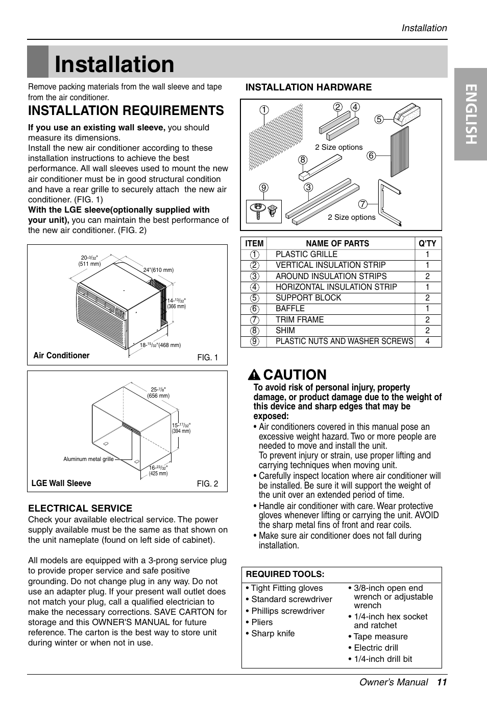English, Installation requirements, Owner’s manual 11 | Installation, Electrical service, Installation hardware | LG LT101CNR User Manual | Page 11 / 47