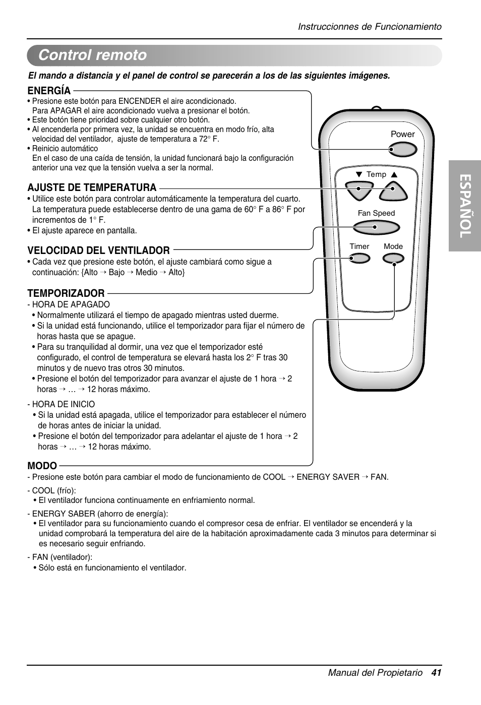Esp añol, Control remoto, Energía | Ajuste de temperatura, Velocidad del ventilador, Temporizador | LG LT101CNR User Manual | Page 41 / 47
