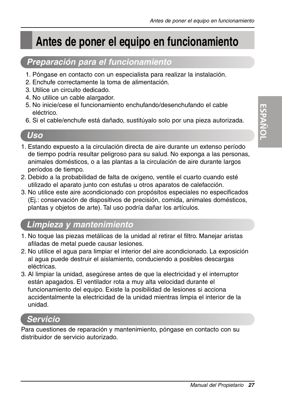 Antes de poner el equipo en funcionamiento, Esp añol | LG LW7012HR User Manual | Page 27 / 44