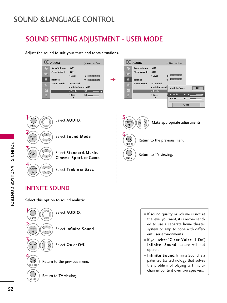 Sound setting adjustment - user mode, Sound &language control, Infinite sound | Sound & langu a ge contr ol | LG 22LG3DDH User Manual | Page 53 / 93