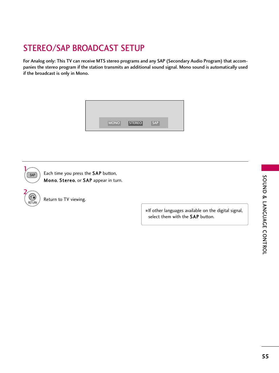 Stereo/sap broadcast setup | LG 22LG3DDH User Manual | Page 56 / 93