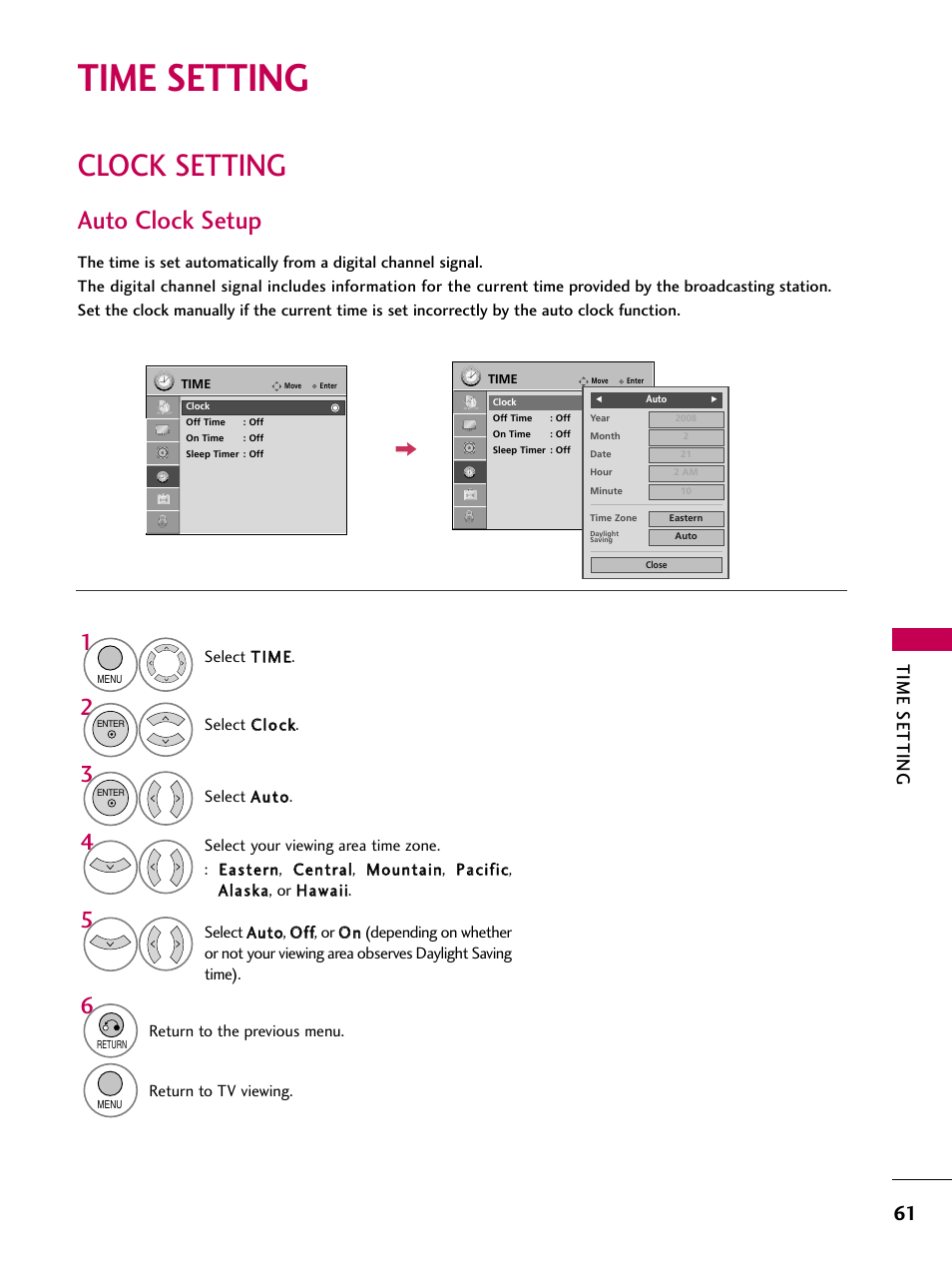 Time setting, Clock setting, Auto clock setup | LG 22LG3DDH User Manual | Page 62 / 93