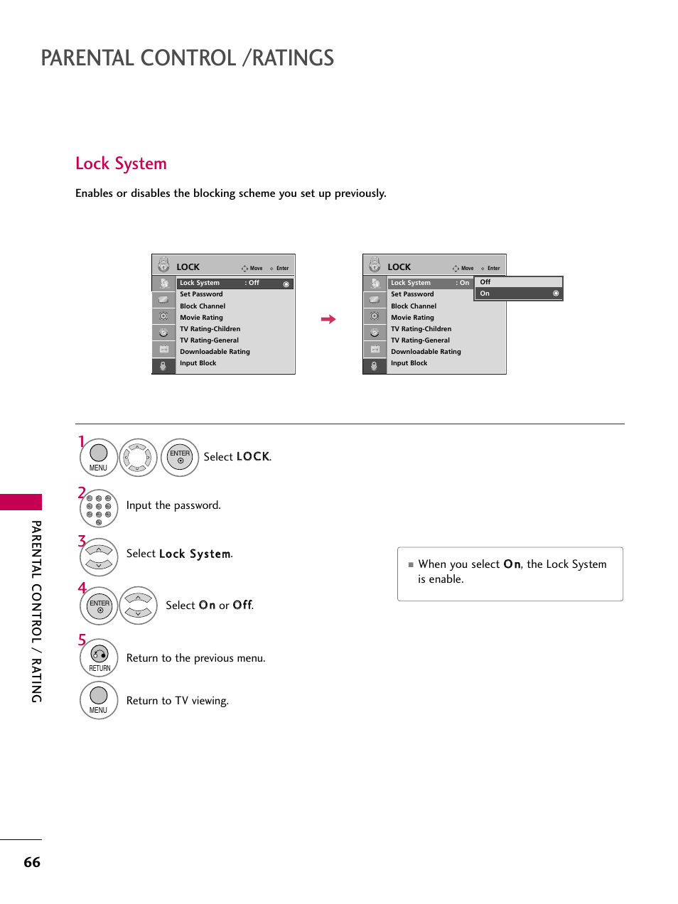 Parental control /ratings, Lock system, Parent al contr ol / r ating | When you select o o nn, the lock system is enable | LG 22LG3DDH User Manual | Page 67 / 93