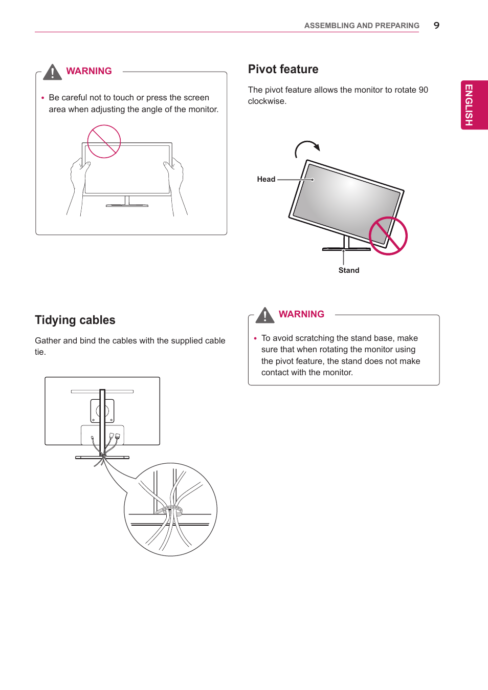 Tidying cables, Pivot feature | LG 27EA83-D User Manual | Page 10 / 37